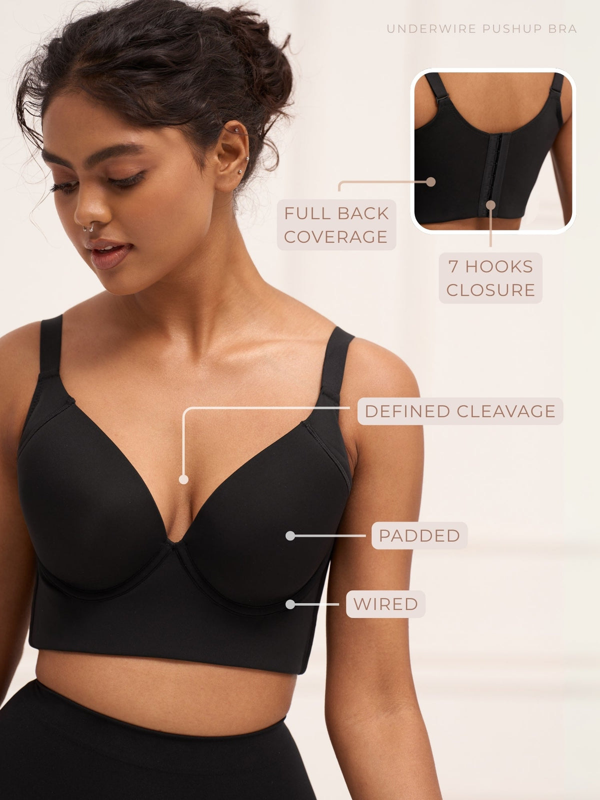 Underwire Push Up Bra - Padded Full Back Coverage Bra with 7-Hook Closure